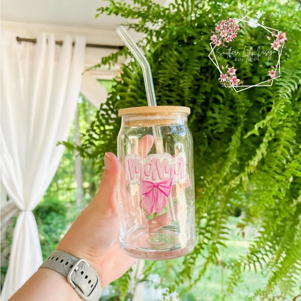 Mama Pink Coquette Bow 16oz Glass Cup